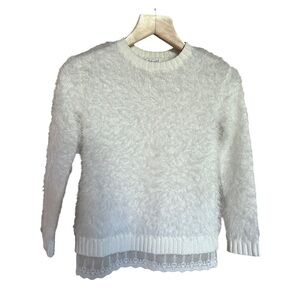 Splendid Girl’s White Crewneck Lace Trim Super Soft Fuzzy Sweater, Size 10